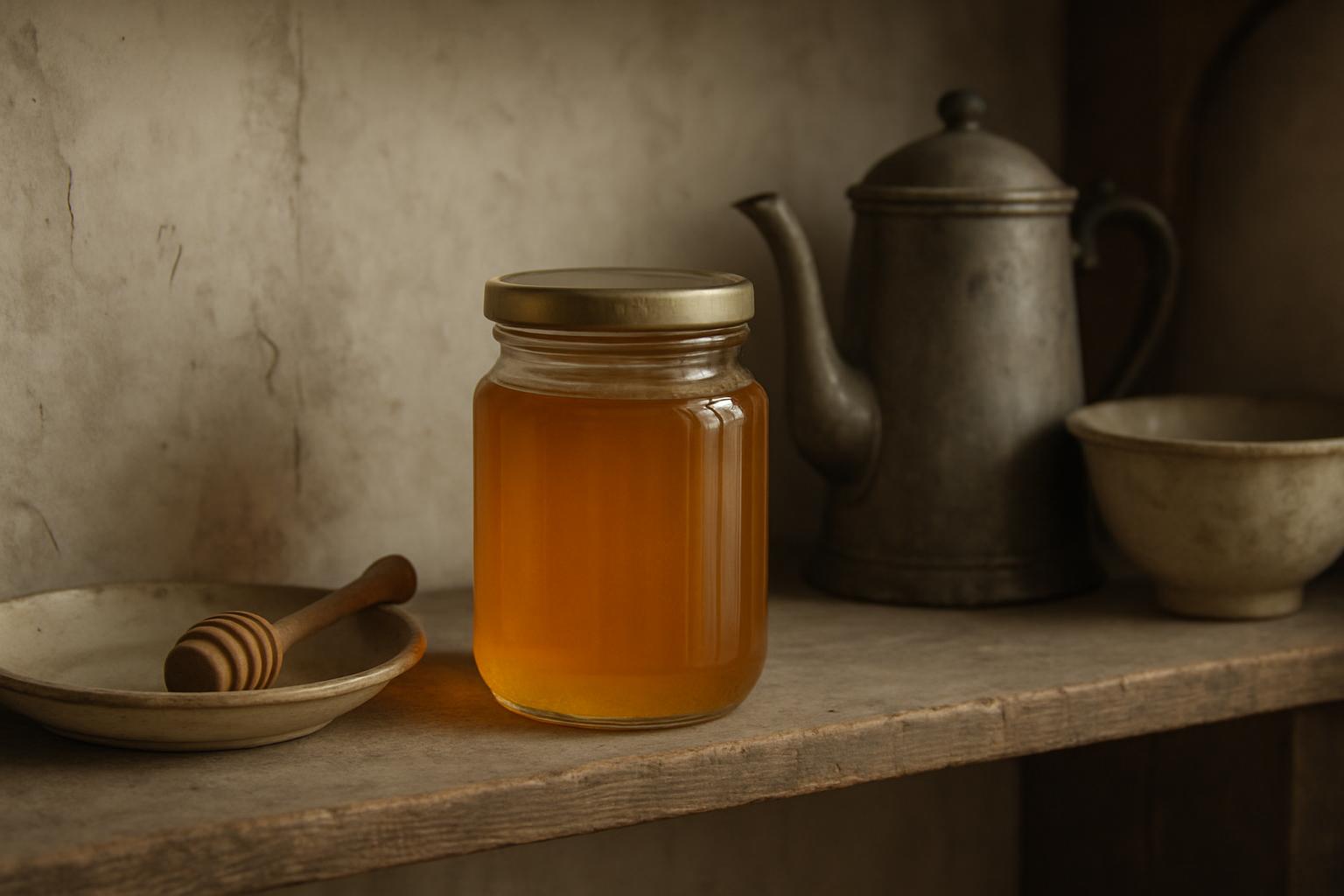 A jar of golden honey with a wooden honey dipper and a ceramic bowl on a rustic wooden shelf against a gray stone wall wit...